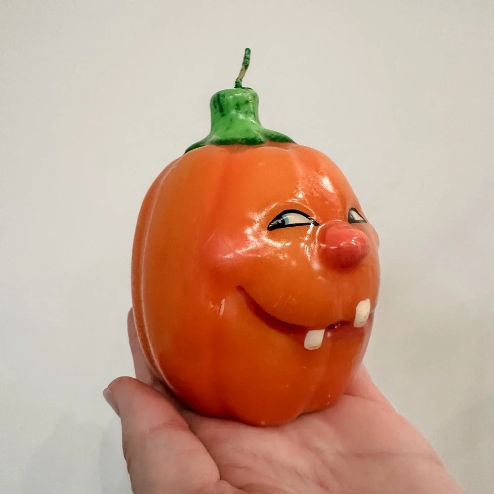 VTG 90's Halloween Pumpkin‎ Candle Small Blue-Eyed Snaggle Tooth